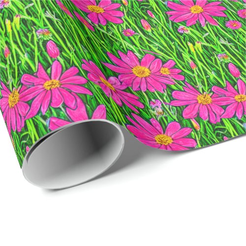 Fuschia Pink Wildflowers in a Field    Wrapping Paper