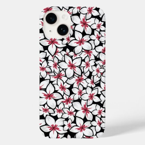 Fuschia Red and white frangipani art on black Case_Mate iPhone 14 Case