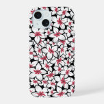 Fuschia Red and white frangipani art on black iPhone 15 Case