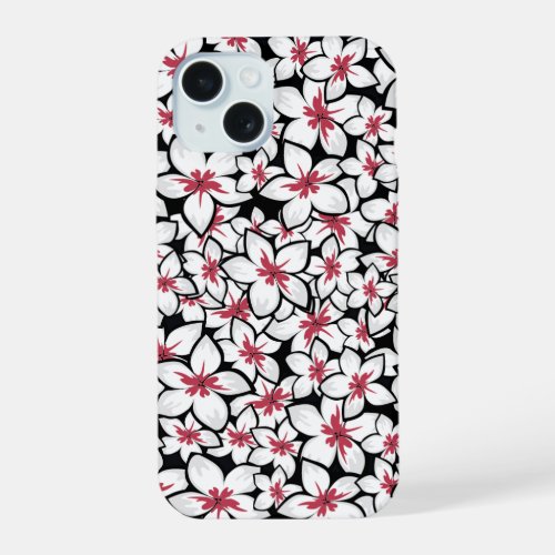 Fuschia Red and white frangipani art on black iPhone 15 Case