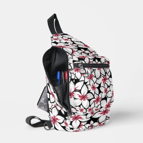 Fuschia Red and white frangipani art on black Sling Bag