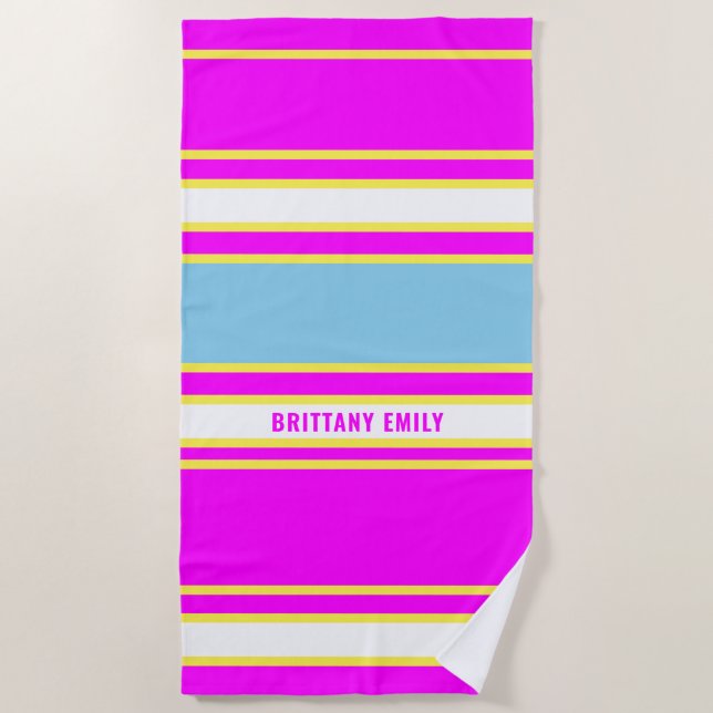 Fuschia Sky Blue Lemon Yellow Stripes Pattern Beach Towel (Front)