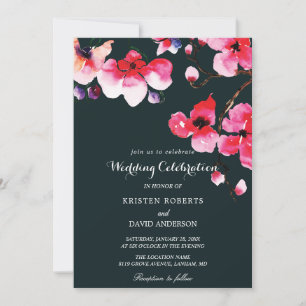 fuschia tree and black wedding invitations