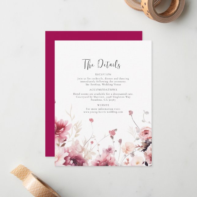 Fuschia Wedding Details Note Card (Front/Back In Situ)