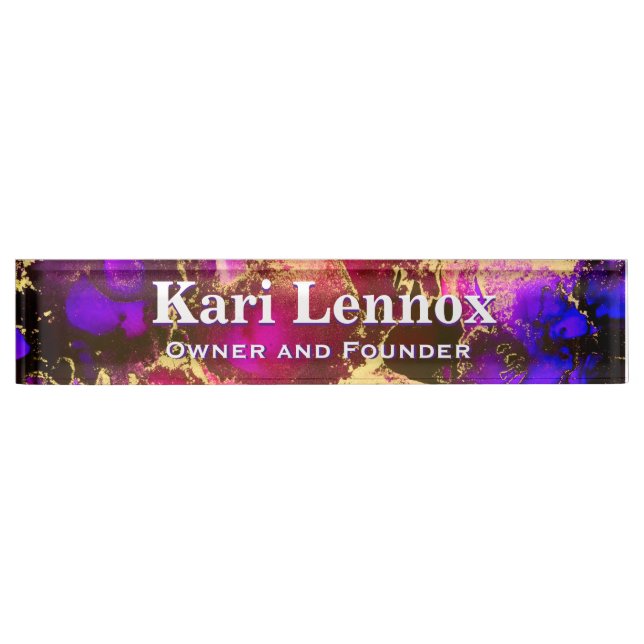 Fuscia and Gold Alcohol Ink Desk Nameplate (Front)
