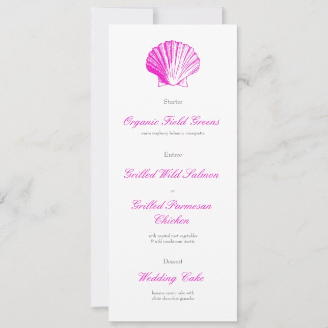 Fuscia Pink Seashell Wedding Reception Dinner Menu Invitation (Front)