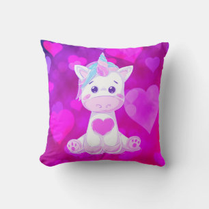 Fushcia Baby Unicorn Heart Print Throw Pillow