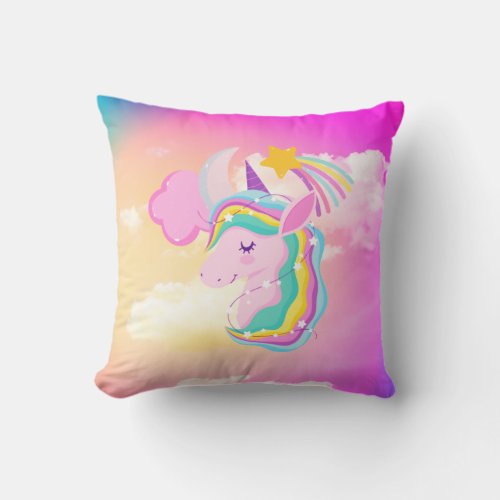 Fushcia Unicorn Rainbow Throw Pillow