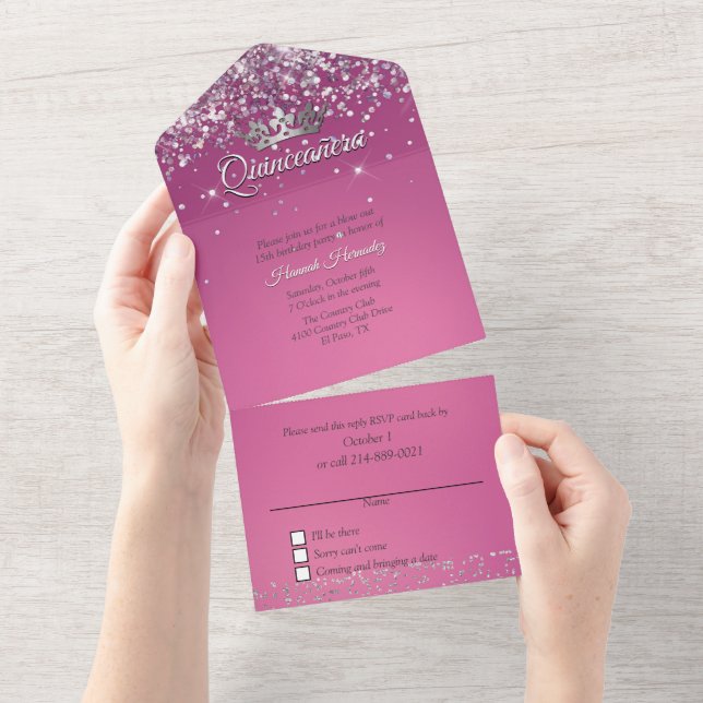 Fushia and Glitter Quinceañera   All In One Invitation (Tearaway)