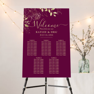 Fushia Purple 5 Table Floral Wedding Seating Chart Foam Board