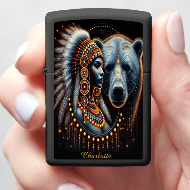 Fusion of Human Spirit and Bear at Night B Zippo Lighter (In Hand)