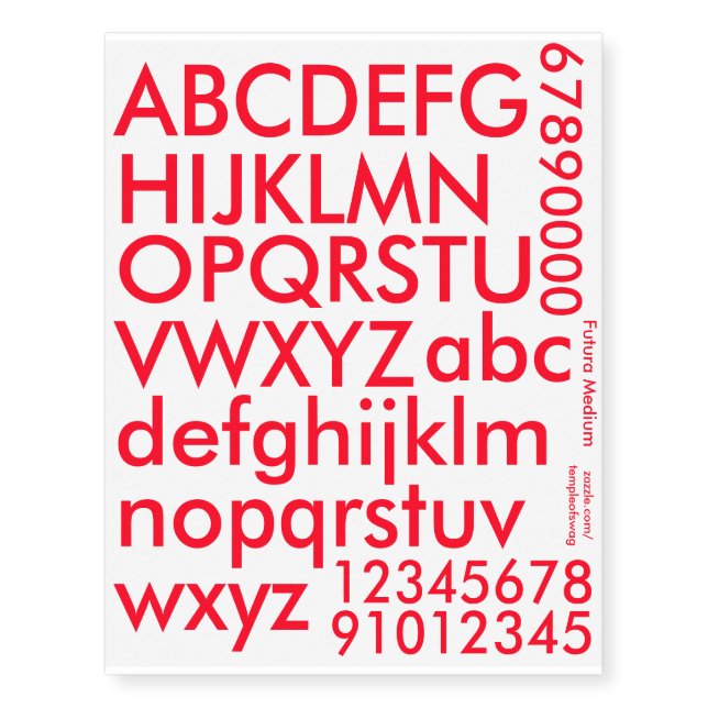 Futura Medium Red Text Temporary Tattoos (Front)