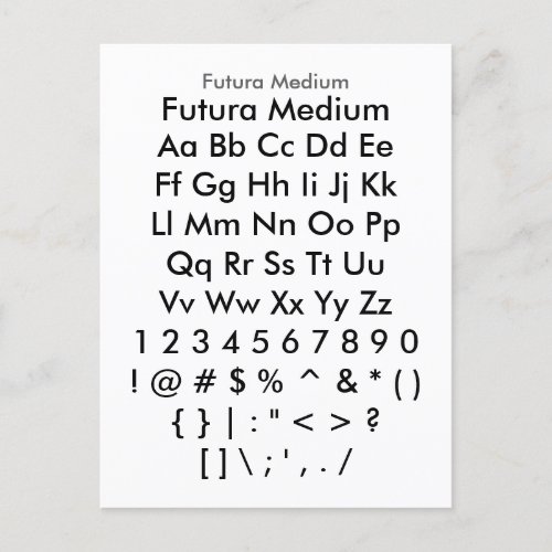 Futura Medium _ Zazzle Font Sampler Sheet Postcard