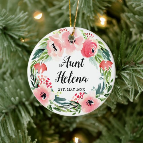 Future Aunt Personalized Watercolor Floral Wreath Ceramic Ornament