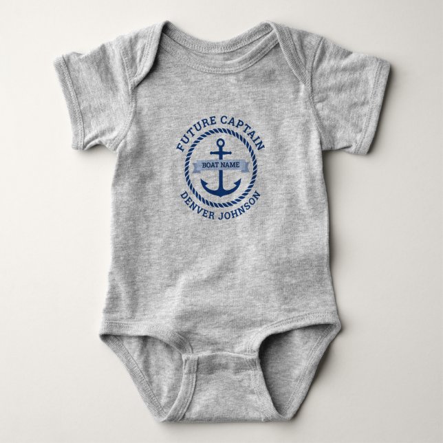 Future captain anchor rope border boat name baby bodysuit (Front)