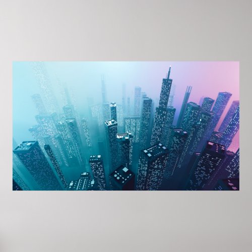 Future city downtown with skyscrapers in neon cybe poster