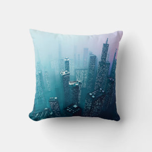 Future city downtown with skyscrapers in neon cybe throw pillow