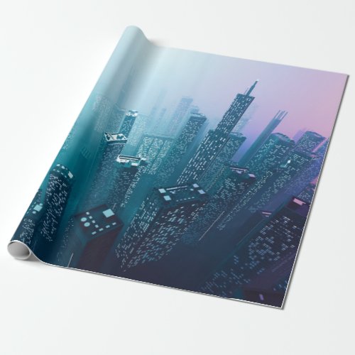 Future city downtown with skyscrapers in neon cybe wrapping paper
