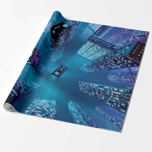Future city downtown with skyscrapers in neon cybe wrapping paper (Unrolled)