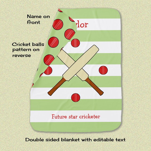 Future cricket star personalized green striped baby blanket (Creator Uploaded)