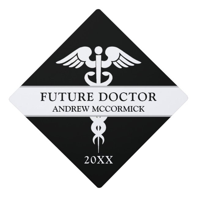 Future Doctor Black and White Caduceus Medical  Graduation Cap Topper (Front)
