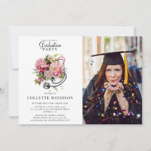Future Doctor Floral Stethoscope Photo Graduation Invitation