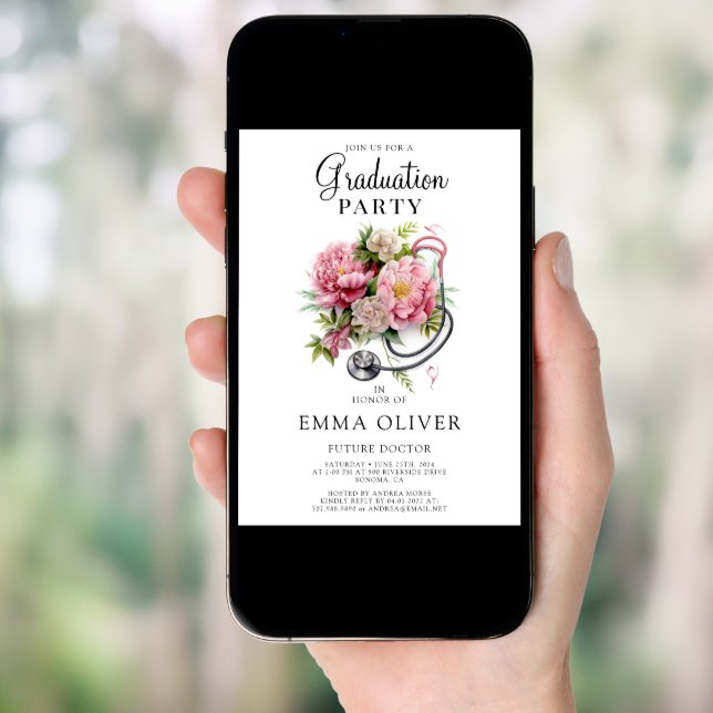 Future Doctor Pink Floral Stethoscope Graduation Invitation (Front Digital)