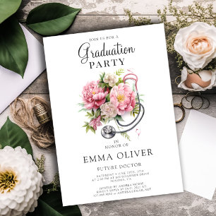 Future Doctor Pink Floral Stethoscope Graduation Invitation