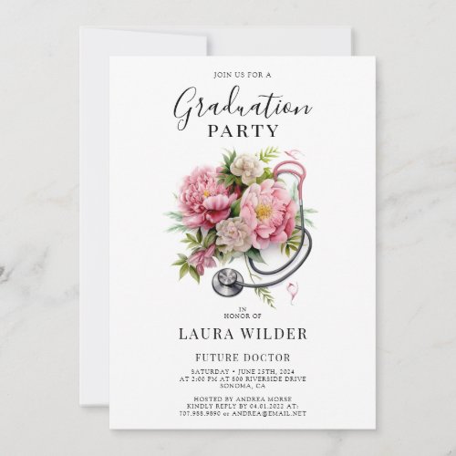 Future Doctor Pink Floral Stethoscope Graduation Invitation