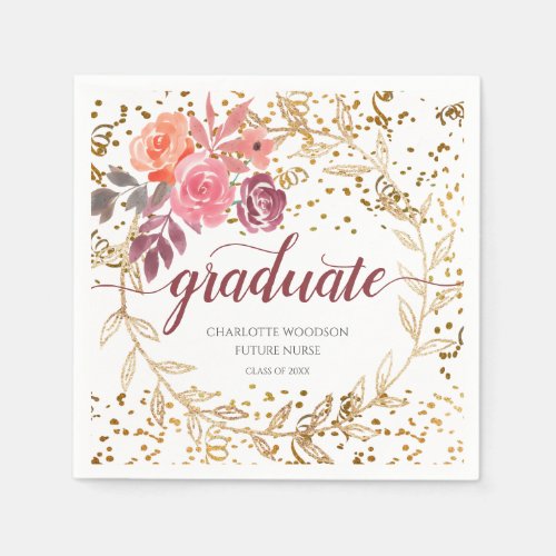 Future Graduating Nurse Floral Glitter Script Grad Napkins