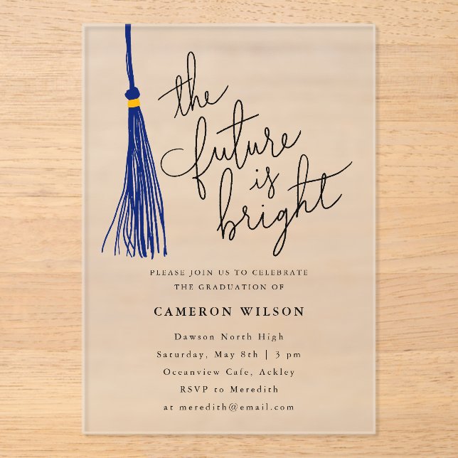 Future Is Bright Blue Tassel Graduation Party Acrylic Invitations (Front)
