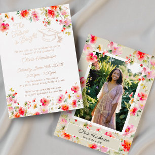 Future Is Bright Pink Orange Floral Graduation Foil Invitation