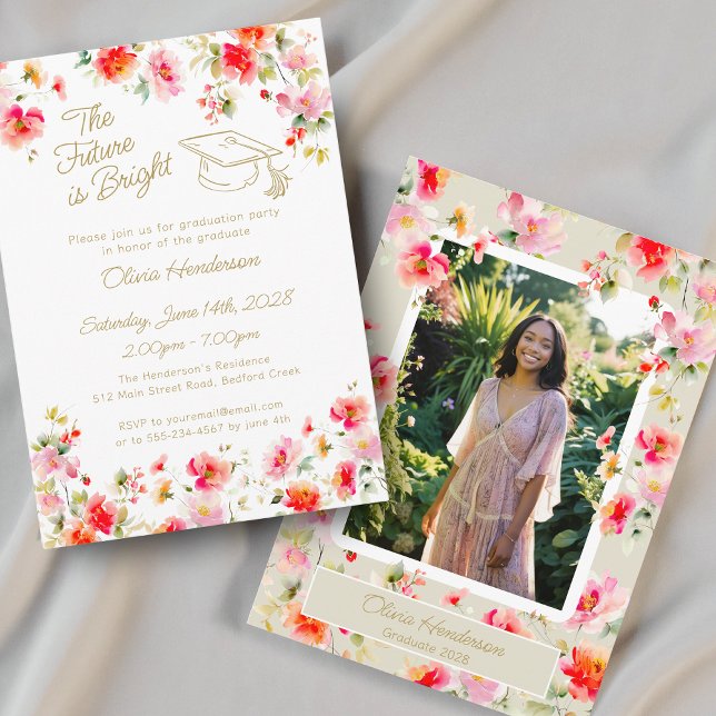 Future Is Bright Pink Orange Floral Graduation Invitation (Creator Uploaded)