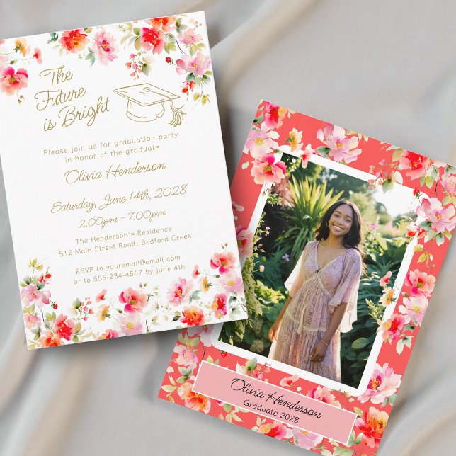 Future Is Bright Pink Orange Floral Graduation Invitation (Creator Uploaded)