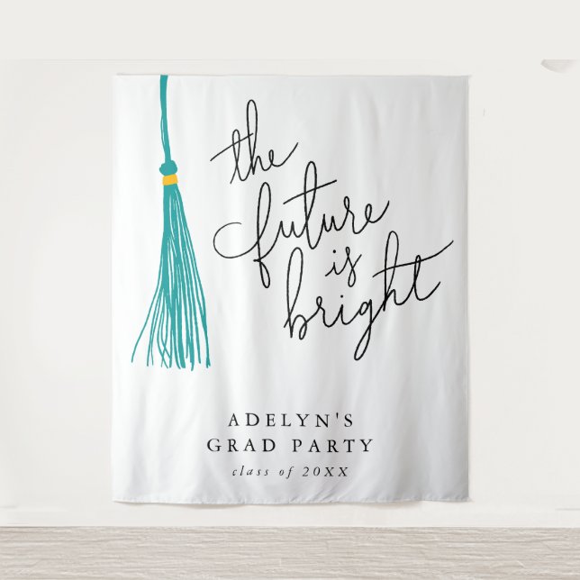Future Is Bright Teal Tassel Modern Tapestry (Front)