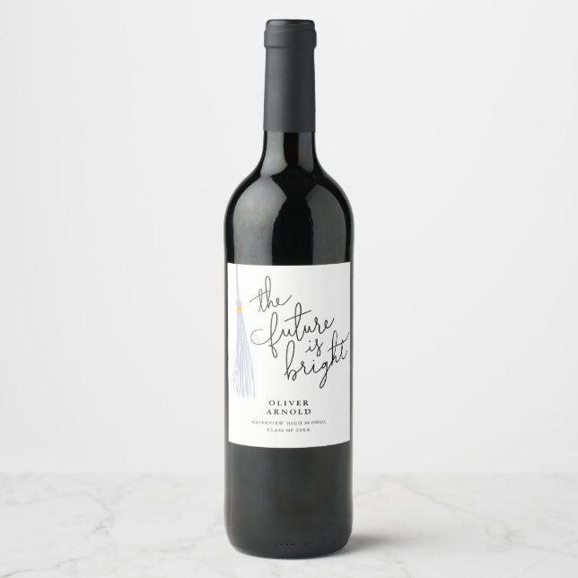 Future Is Bright White Tassel Quote Grad Party Wine Label (Front)