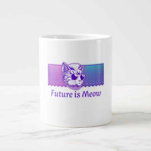 Future is Meow – Cyberpunk Neon Cat Giant Coffee Mug (Front)