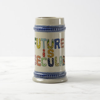 FUTURE IS SECULAR cartoon letters Beer Stein