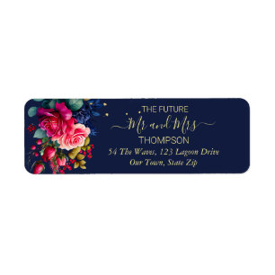Future mr and mrs navy blue hot pink roses label