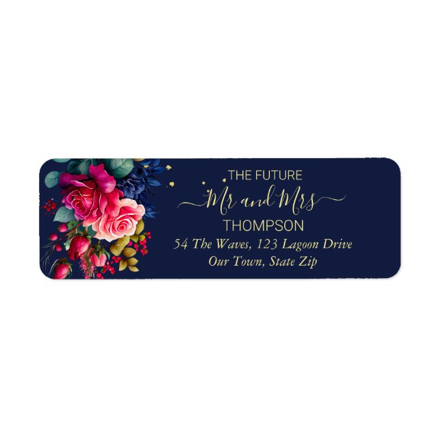 Future mr and mrs navy blue hot pink roses label (Front)