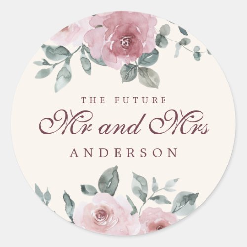 Future Mr Mrs Floral Dusty Pink Burgundy Ivory Classic Round Sticker