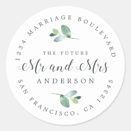 Future Mr Mrs Foliage Wedding Return Address Classic Round Sticker