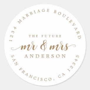 Future Mr Mrs Gold Script Return Address Classic Round Sticker