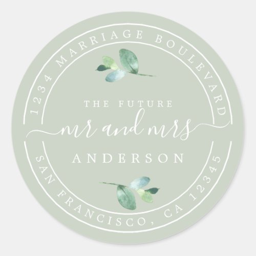 Future Mr Mrs Green Foliage Wedding Return Address Classic Round Sticker