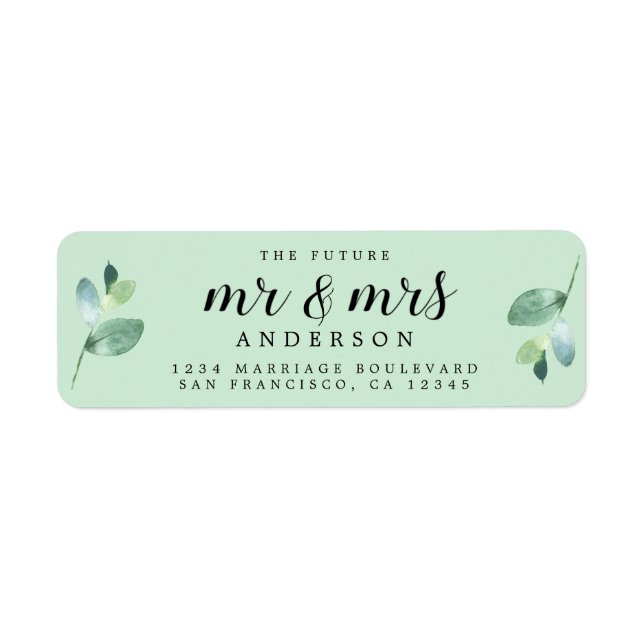 Future Mr Mrs Green Foliage Wedding Return Address Label (Front)