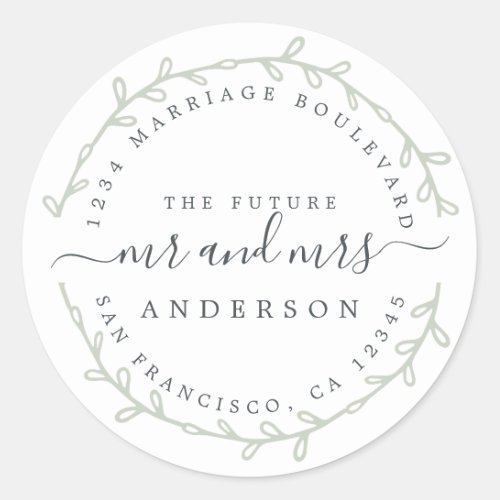 Future Mr Mrs Green Rustic Wedding Return Address Classic Round Sticker