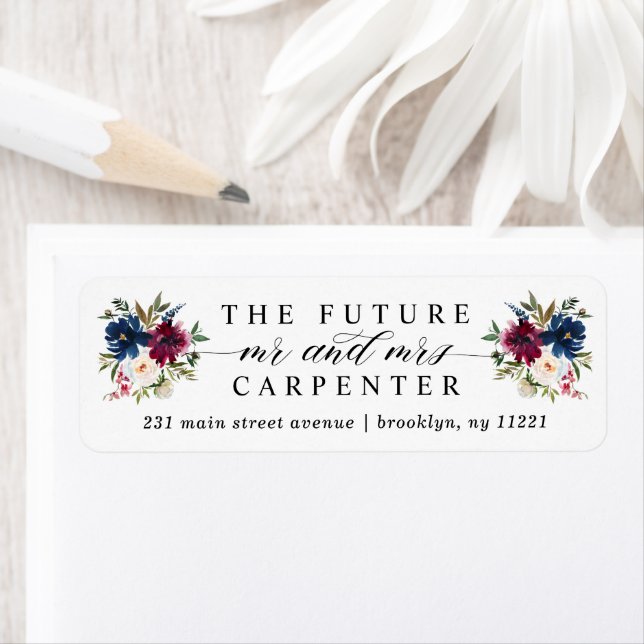 Future Mr Mrs Navy Blue Burgundy Floral Wedding Label (Insitu)