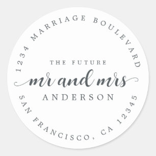 Future Mr Mrs Script Black White Return Address  Classic Round Sticker