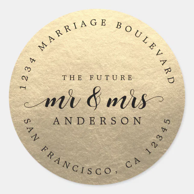Future Mr Mrs Script Champagne Gold Return Address Classic Round ...