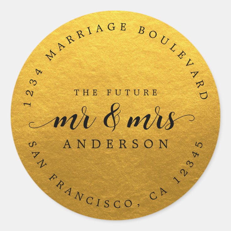 Future Mr Mrs Script Classic Gold Return Address Classic Round Sticker ...